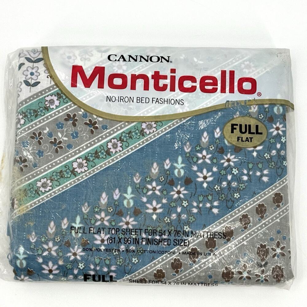 70s Cannon Monticello 'Katrina' FULL FLAT Sized Top Sheet Chevron Floral RARE!